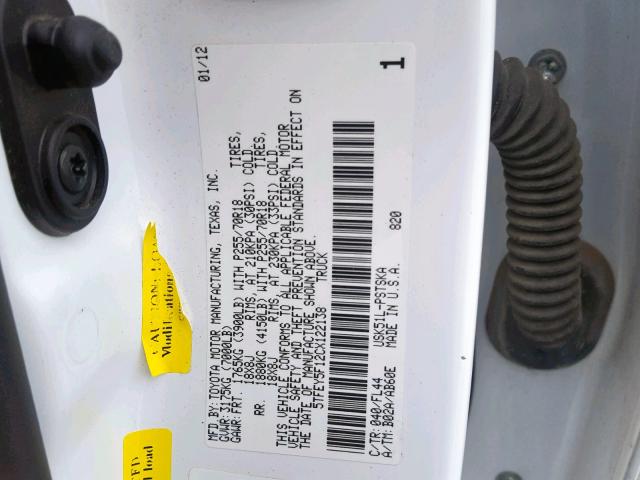 5TFEY5F12CX122138 - 2012 TOYOTA TUNDRA CRE WHITE photo 10