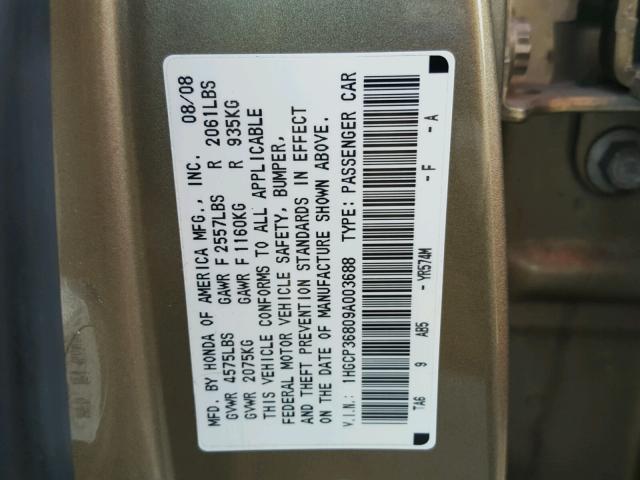 1HGCP36809A003688 - 2009 HONDA ACCORD EXL CREAM photo 10