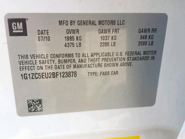 1G1ZC5EU2BF123878 - 2011 CHEVROLET MALIBU 1LT 白色 照片 10