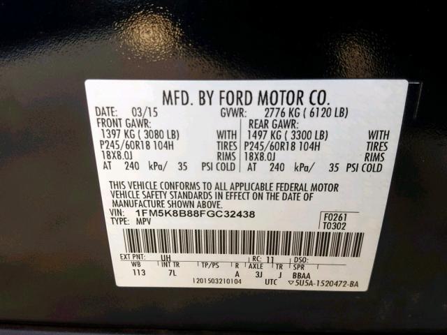 1FM5K8B88FGC32438 - 2015 FORD EXPLORER BLACK photo 10