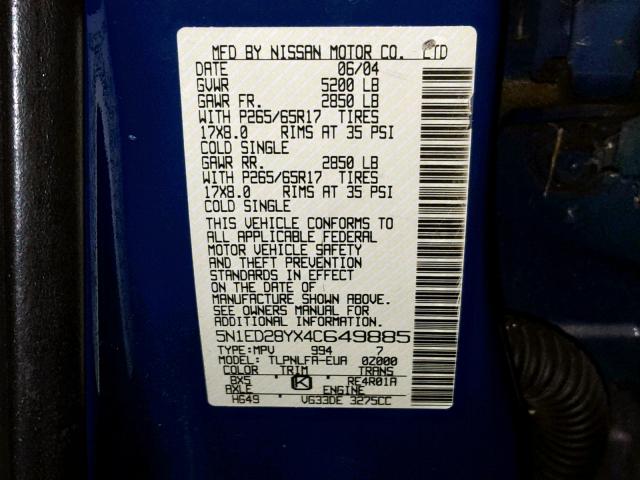 5N1ED28YX4C649885 - 2004 NISSAN XTERRA XE BLUE photo 10