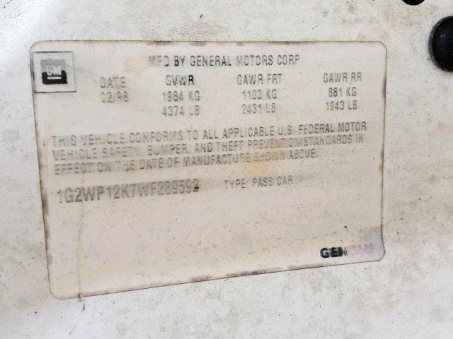 1G2WP12K7WF289592 - 1998 PONTIAC GRAND PRIX WHITE photo 10