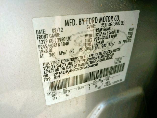 2FMDK4KC9DBA04638 - 2013 FORD EDGE LIMIT SILVER photo 10