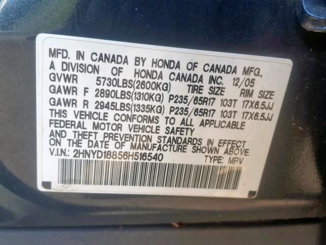 2HNYD18856H516540 - 2006 ACURA MDX TOURIN GRAY photo 10