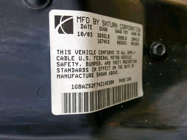 1G8AZ52F74Z145380 - 2004 SATURN ION LEVEL BLACK photo 10