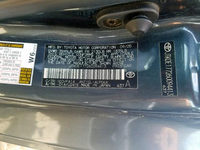 JTKDE177260094413 - 2006 TOYOTA SCION TC ნაცრისფერი ფოტო 10