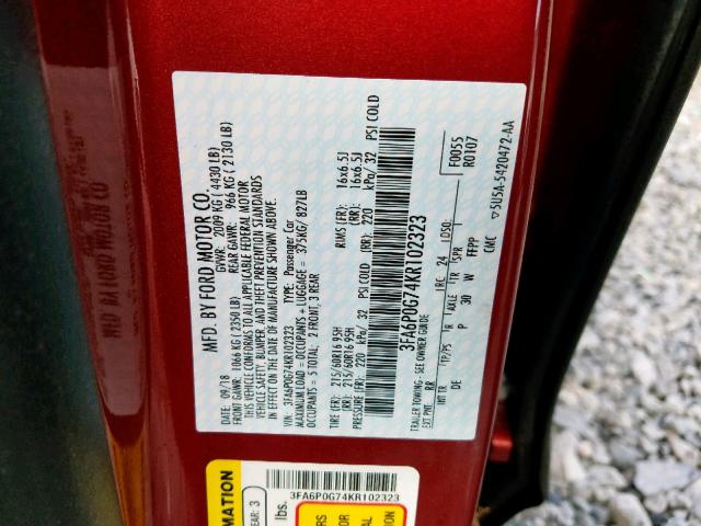 3FA6P0G74KR102323 - 2019 FORD FUSION S RED photo 10