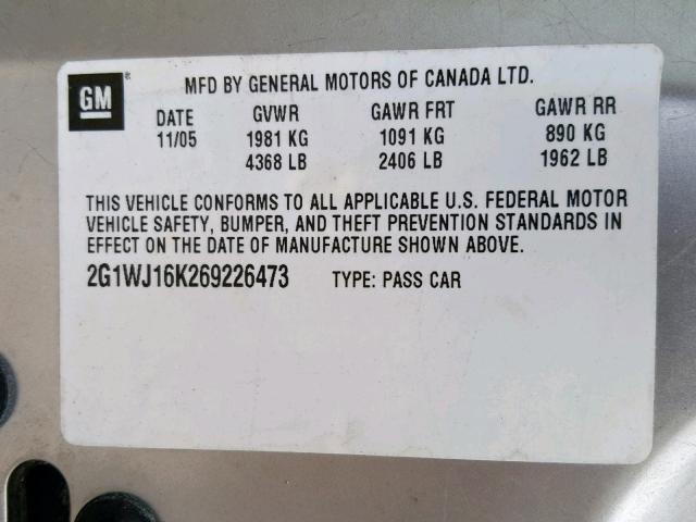 2G1WJ16K269226473 - 2006 CHEVROLET MONTE CARL ვერცხლისფერი ფოტო 10