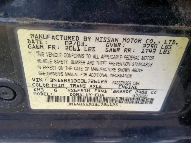 3N1AB51D03L726125 - 2003 NISSAN SENTRA SE- BLACK photo 10