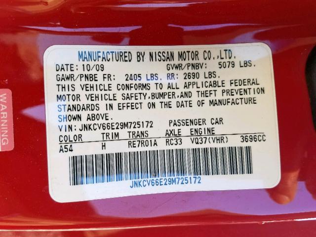 JNKCV66E29M725172 - 2009 INFINITI G37 BASE RED photo 10