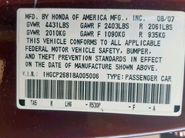 1HGCP26818A005006 - 2008 HONDA ACCORD EXL BURGUNDY photo 10