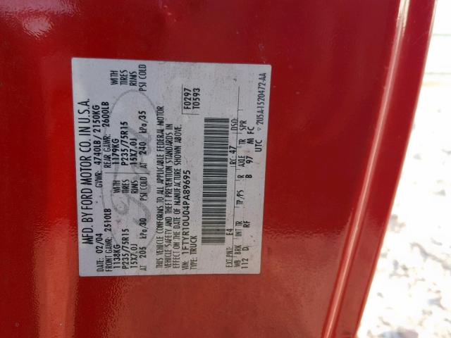 1FTYR10U04PA89695 - 2004 FORD RANGER RED photo 10