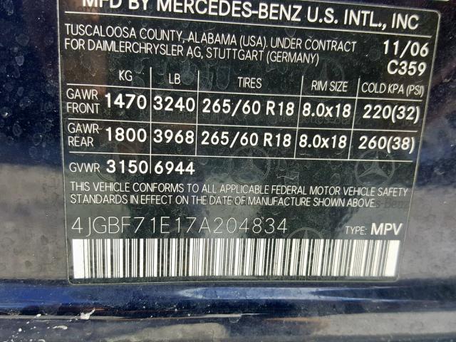 4JGBF71E17A204834 - 2007 MERCEDES-BENZ GL450 BLUE photo 10