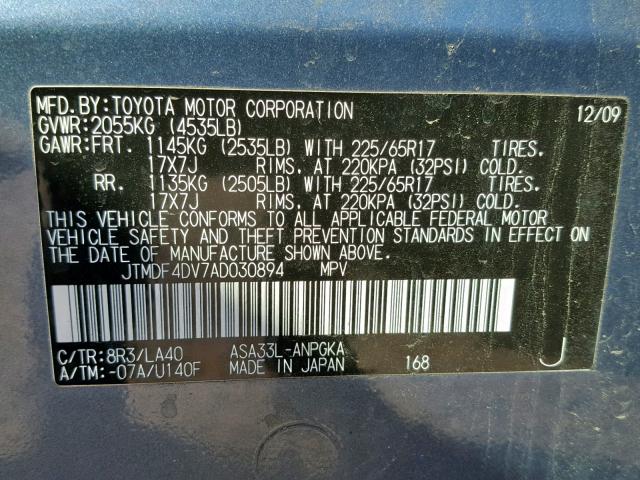 JTMDF4DV7AD030894 - 2010 TOYOTA RAV4 LIMIT BLUE photo 10