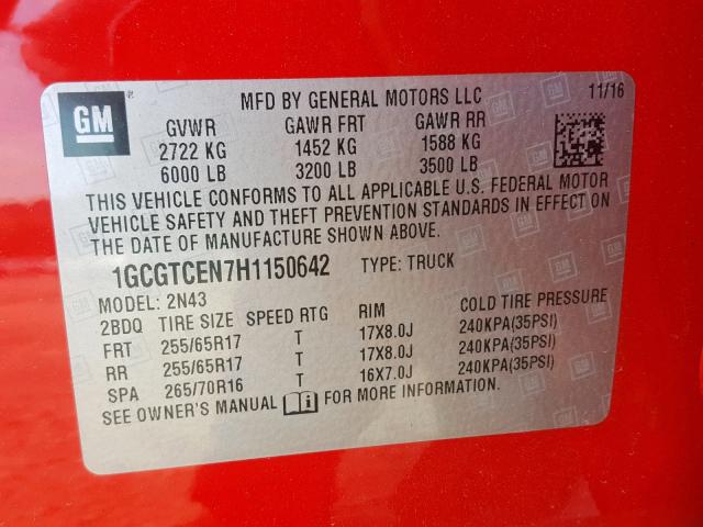 1GCGTCEN7H1150642 - 2017 CHEVROLET COLORADO L RED photo 10