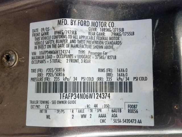 1FAFP34N06W124374 - 2006 FORD FOCUS ZX4 GRAY photo 10