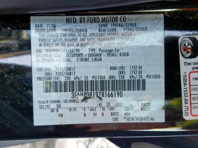 3FAHP08197R166190 - 2007 FORD FUSION SEL BLACK photo 10