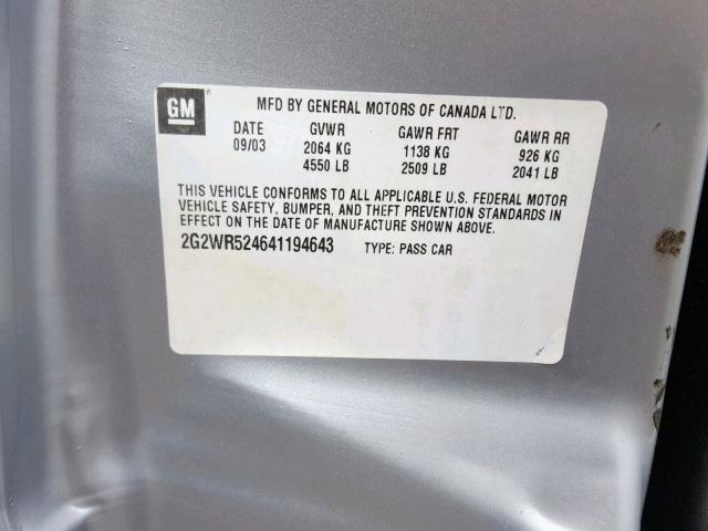 2G2WR524641194643 - 2004 PONTIAC GRAND PRIX SILVER photo 10