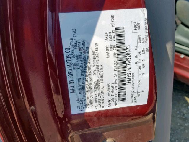 1FAFP31N77W220623 - 2007 FORD FOCUS ZX3 BURGUNDY photo 10