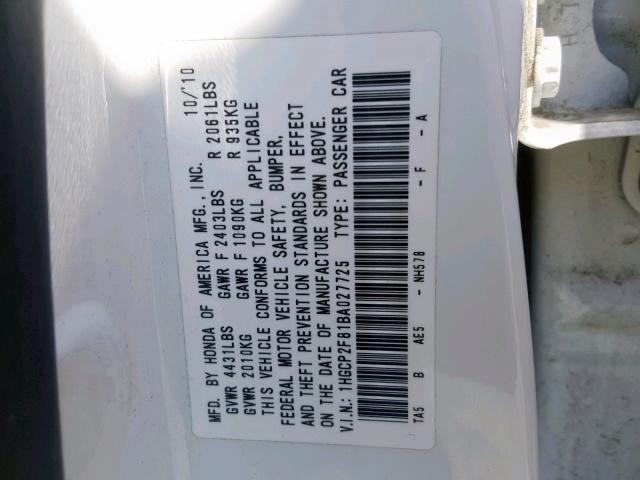 1HGCP2F81BA027725 - 2011 HONDA ACCORD EXL WHITE photo 10