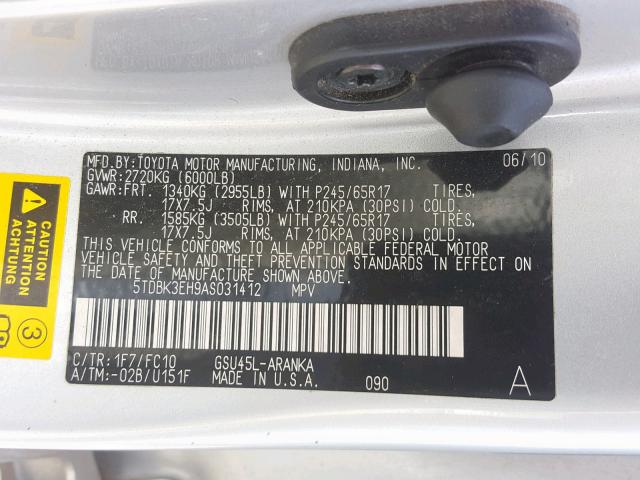 5TDBK3EH9AS031412 - 2010 TOYOTA HIGHLANDER SILVER photo 10