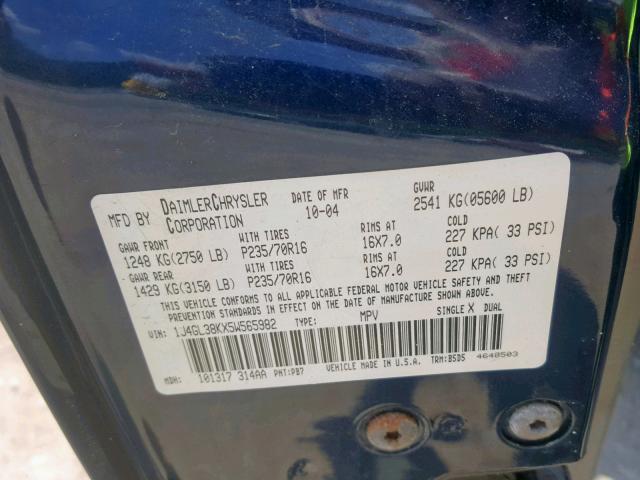 1J4GL38KX5W565982 - 2005 JEEP LIBERTY RE BLUE photo 10