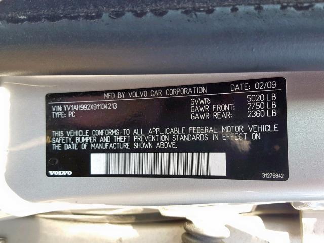 YV1AH992X91104213 - 2009 VOLVO S80 T6 SILVER photo 10