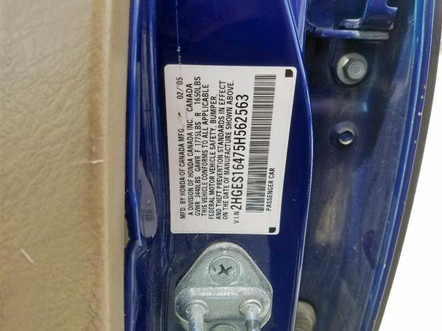 2HGES16475H562563 - 2005 HONDA CIVIC DX BLUE photo 10