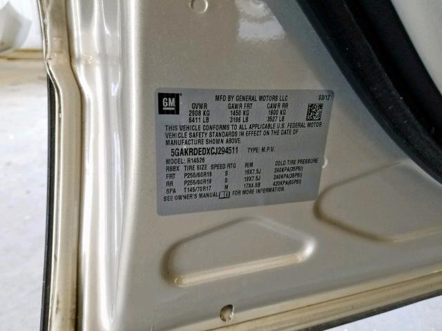 5GAKRDEDXCJ294511 - 2012 BUICK ENCLAVE TAN photo 10