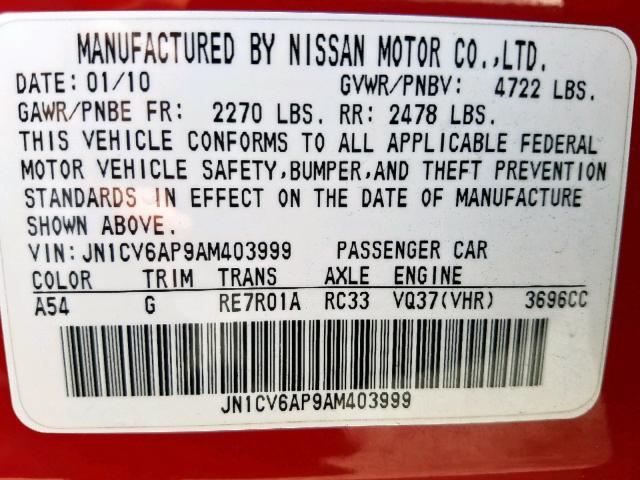 JN1CV6AP9AM403999 - 2010 INFINITI G37 BASE RED photo 10