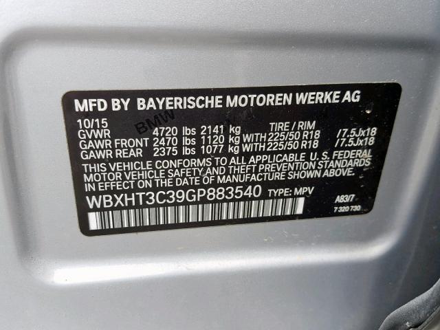 WBXHT3C39GP883540 - 2016 BMW X1 XDRIVE2 SILVER photo 10