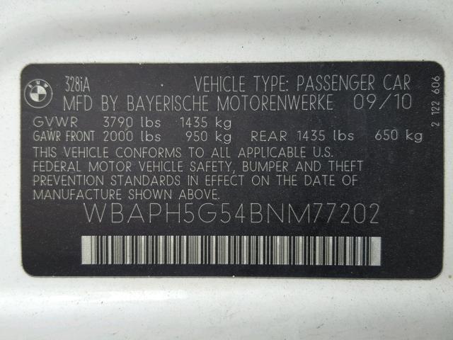 WBAPH5G54BNM77202 - 2011 BMW 328 I SULE WHITE photo 10