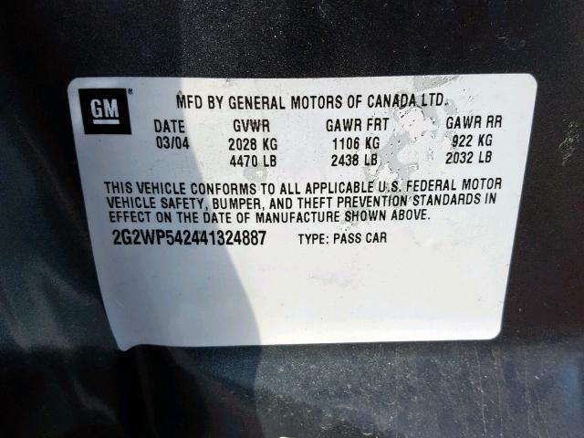 2G2WP542441324887 - 2004 PONTIAC GRAND PRIX GRAY photo 10