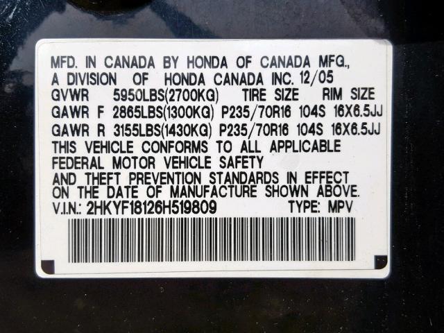 2HKYF18126H519809 - 2006 HONDA PILOT LX BLACK photo 10