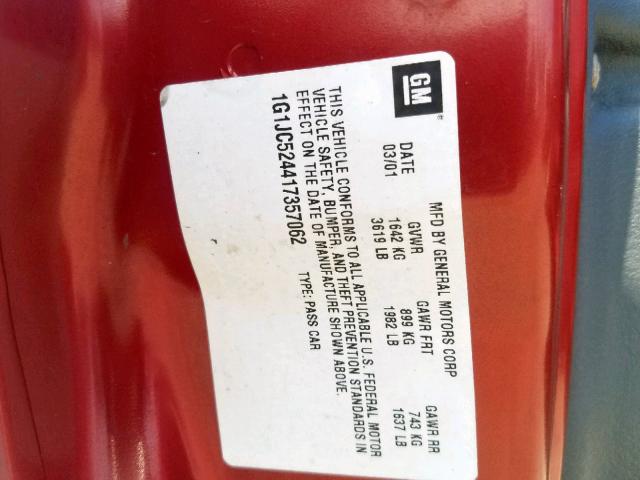 1G1JC524417357062 - 2001 CHEVROLET CAVALIER B RED photo 10