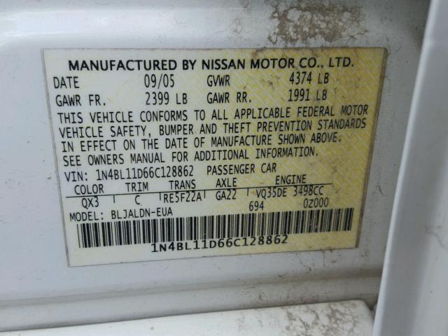 1N4BL11D66C128862 - 2006 NISSAN ALTIMA SE WHITE photo 10