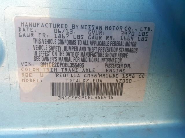 3N1CE2CP0EL356495 - 2014 NISSAN VERSA NOTE BLUE photo 10