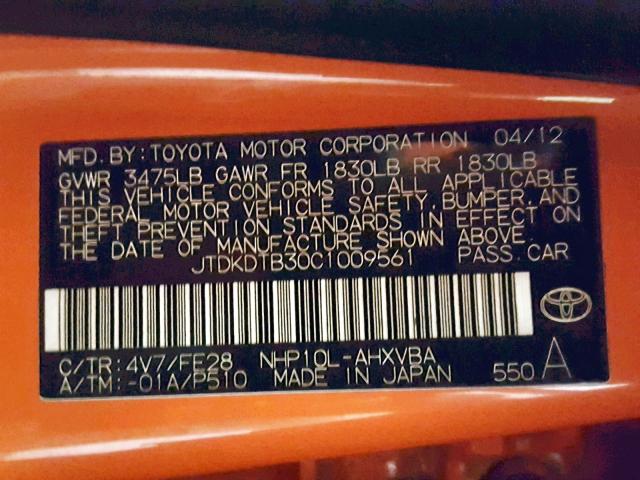 JTDKDTB30C1009561 - 2012 TOYOTA PRIUS C ORANGE photo 10