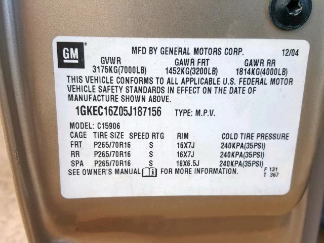 1GKEC16Z05J187156 - 2005 GMC YUKON XL C TAN photo 10