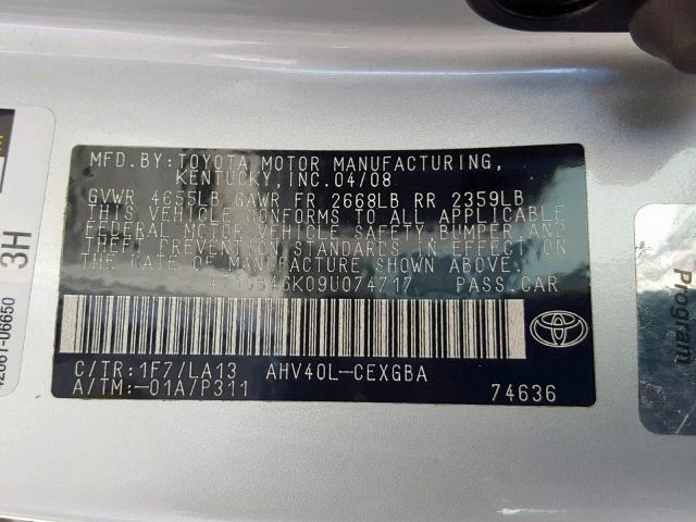 4T1BB46K09U074717 - 2009 TOYOTA CAMRY HYBR SILVER photo 10