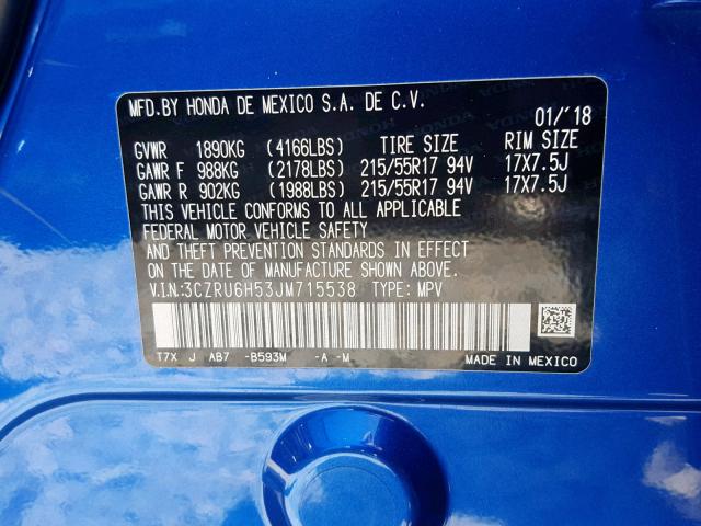 3CZRU6H53JM715538 - 2018 HONDA HR-V EX BLUE photo 10