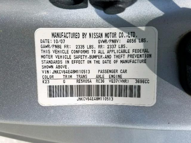 JNKCV64E48M110513 - 2008 INFINITI G37 BASE SILVER photo 10