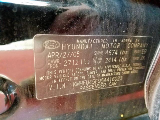 KMHFU45E95A416023 - 2005 HYUNDAI XG 350 BLACK photo 10