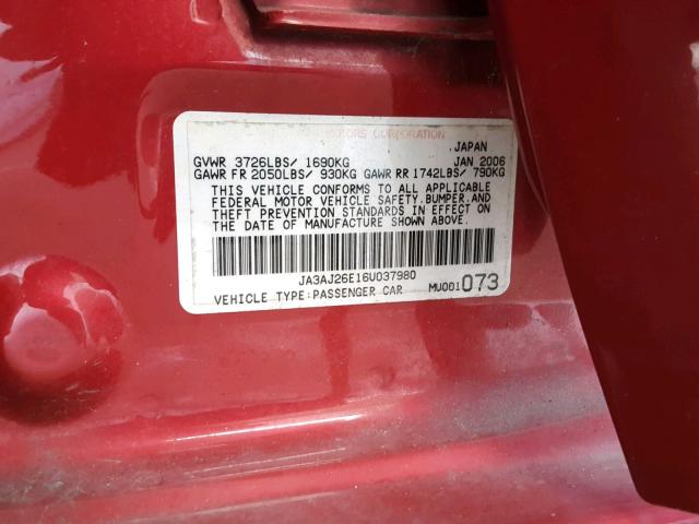 JA3AJ26E16U037980 - 2006 MITSUBISHI LANCER ES RED photo 10