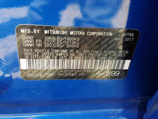 JA32U2FU0HU009920 - 2017 MITSUBISHI LANCER ES BLUE photo 10