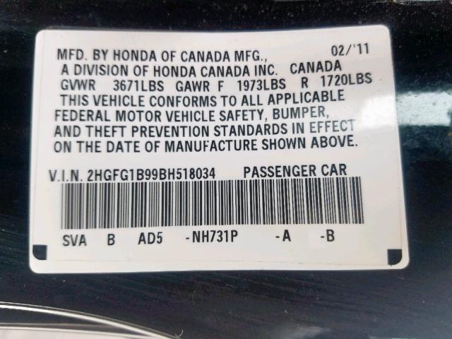 2HGFG1B99BH518034 - 2011 HONDA CIVIC EXL BLACK photo 10