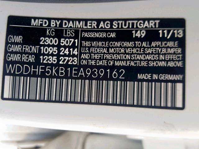 WDDHF5KB1EA939162 - 2014 MERCEDES-BENZ E 350 WHITE photo 10