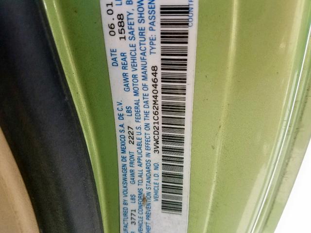 3VWCD21C62M404648 - 2002 VOLKSWAGEN NEW BEETLE მწვანე ფოტო 10