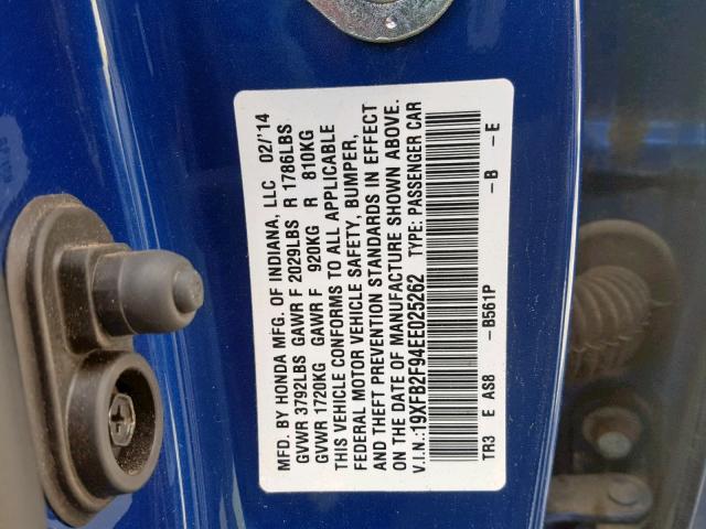 19XFB2F94EE025262 - 2014 HONDA CIVIC EXL 蓝色 照片 10