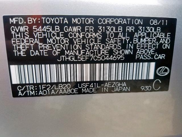 JTHGL5EF7C5044695 - 2012 LEXUS LS 460L SILVER photo 10